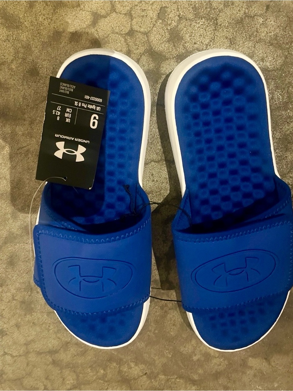 NWT Under Armour adult Royal Blue Slide Sandals with White Trim size 9